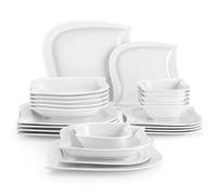 MALACASA Série ELVIRA 24 Pièces Service de Table en Porcelaine, Service de Vaisselle pour 6 Personnes avec 6 Assiettes Plates, 6 Assiettes à Dessert, 6 Assiettes Creuses et 6 Bols à Soupe, Blanc