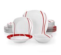 MALACASA Série FELISA 24pcs Service de Vaisselle en Porcelaine pour 6 Personnes avce Assiettes Plates, Plats Creuses, Assiettes à Dessert, Bols à Céréales, Service de Table Complet Blanc & Rouge