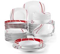 MALACASA Série Felisa Service de Vaisselle en Porcelaine pour 12 Personnes avce Assiettes Plates, Assiettes Creuses, Assiettes à Dessert, Bols à Céréales, 48pcs Service de Table Complet Blanc & Rouge