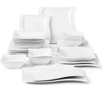 MALACASA, Série Flora, 26 pcs. Vaisselle en porcelaine blanc crème Service combiné de table avec 6 bols, 6 assiettes à dessert, 6 assiettes à soupe, 6 assiettes plates et 2 plats rectangulaires
