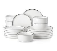 MALACASA, Série LEAH, Service de Table 18 Pièces en Porcelaine pour 6 Personnes avec Assiette Plate, Assiette à Dessert, Bol à Céréale | Empilabe et Passe au Lave-vaisselle | Blanc avec Bordure Noir