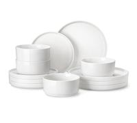 MALACASA, Série LEAH, Service de Vaisselle 12 Pièces en Porcelaine pour 4 Personnes | avec 4 Assiettes Plates, 4 Assiettes à Dessert, 4 Bols à Céréales | Empilabe et Passe au Lave-vaisselle | Blanc