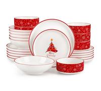 MALACASA Série LUNA Service de Table 6 Personnes, 24 Pièces Services de Vaisselle en Porcelaine, Rouge avec Motifs de Sapins de Noël, Comprend des Assiettes Plates et des Bols