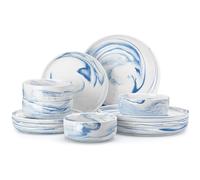MALACASA Série LUNA Service de Table Rond en Porcelaine Marbre Bleu pour 4 Personnes avec Assiettes Plates, Assiettes à Dessert, Bols à Céréales, Service de Vaisselle 12 Pièces