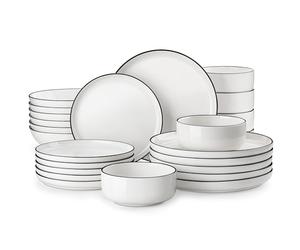 MALACASA Série LUNA Service de Vaisselle Rond 24 Pièces en Porcelaine pour 6 Personnes avec Assiettes Plates, Salade, Creuses, Bols, Service de Table Blanche avec Bord Noir