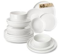 MALACASA Série LUNA Service de Vaisselle Rond 48 Pièces en Porcelaine Blanche pour 12 Personnes avec Assiettes, Saladiers, Bols à Soupe
