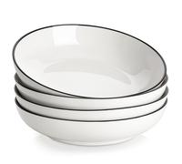 MALACASA Série REGULAR 1250ml Assiettes à Pâtes en Porcelaine, Assiettes Creuses, Service de Bols à Salade 4 Pièces, Blanc avec Bord Noir