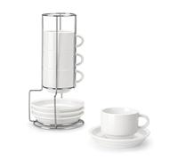 MALACASA Série REGULAR, Lot de 4 Tasses à Café pour 4 Personnes, 150 ml, Service à Café Empilable avec Soucoupe et Support en Métal，Idéal pour Expresso, Cappuccino, Latte, Moka et Thé, Blanc