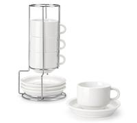 MALACASA Série REGULAR, Lot de 4 Tasses à Café pour 4 Personnes, 270 ml, Service à Café Empilable avec Soucoupe et Support en Métal，Idéal pour Expresso, Cappuccino, Latte, Moka et Thé, Blanc