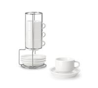MALACASA Série REGULAR, Lot de 4 Tasses à Café pour 4 Personnes, 90 ml, Service à Café Empilable avec Soucoupe et Support en Métal,Idéal pour Expresso, Cappuccino, Latte, Moka et Thé, Blanc