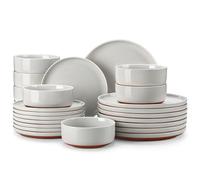 MALACASA, Série TARA, 24 Pièces Service de Vaisselle pour 8 Personnes en Grès | Ensemble de Vaisselle à Pois de Sésame | Service d'Assiettes et Bols | Va au Lave-vaisselle | Gris Clair et Fond Khaki