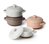 MALACASA Série TARA.BAKE,Mini Cocottes avec Couvercles en Porcelaine, Petits Ramequins 440ml Individuelles, Plats à Four Rondes avec Poignées 4 Pièces pour Soufflé, Crème Brûlée, Gâteau, Lasagnes