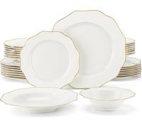 MALACASA Service combiné avec ligne de bordure dorée (32 pièces), Service de table en porcelaine à l'os, Set de vaisselle pour 8 personnes