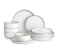 MALACASA Service de table 12 pièces LUNA – Porcelaine pour 4 personnes, blanc bord noir