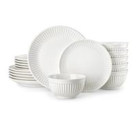 MALACASA Service de Table 6 Personnes, 18 Pièces Services de Vaisselle en Porcelaine avec Détails en Relief, Set de Vaisselle avec 6 Assiettes à Plates, Assiettes à Dessert, Bols à Céréales, Blanc