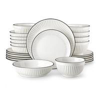 MALACASA Service de Table 6 Personnes, 24 Pièces Services de Vaisselle en Porcelaine avec 6 Assiettes à Plates, Assiettes à Dessert, Bol à Soupe, Bols à Céréales, Blanc avec Bordure Noire
