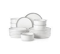 MALACASA Service de Table 6 Personnes, LEAH 18 Pièce Service Vaisselle en Porcelaine - 6 Assiettes Plates, 6 Assiettes à Dessert et 6 Bols à Céréales, Blanche avec Bord Noir, Design Élégant et Moderne