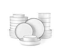 MALACASA Service de Table 6 Personnes, LEAH 24 Pièce Service Vaisselle, 6 Assiettes Plates, 6 Assiettes à Dessert, 6 Bols à Pâte et 6 Bols à Céréales, Blanche avec Bord Noir, Design Élégant et Moderne