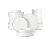 MALACASA Service de Table 6 Personnes, LEAH 24 Pièce Service Vaisselle en Porcelaine Blanche, 6 Assiettes Plates, Assiettes à Dessert, Assiettes Creuses et Bols à Céréales, Design Élégant et Moderne