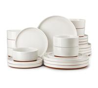 MALACASA Service de Table 8 Personnes, 24 Pièces Service de Vaisselle en Grès avec 8 Assiettes Plates, 8 Bols à Céréales, 8 Assiettes à Dessert, Blanc - Série LEAH