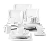 MALACASA Service de Table Complet pour 6 Personnes, FLORA 30 Pièces Service Vaisselle en Porcelaine Carré comprend 6 Assiettes Plates, Assiettes à Dessert, Assiettes Creuse, Tasses avec Soucoupes