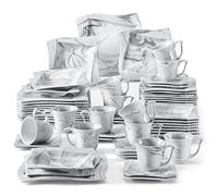 MALACASA Service de table de 60 pièces carrées pour 12 personnes - Passe au four - En porcelaine effet marbre - Avec assiettes plates, bols à pâtes, tasses et soucoupes - Collection Amparo
