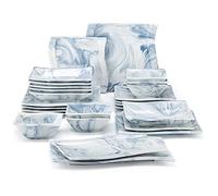 MALACASA - Service de Vaisselle Carré série FLORA 26 pièces en Porcelaine pour 6 Personnes, avec Assiettes, Bols, Plats, Bleu