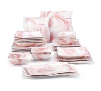 MALACASA - Service de Vaisselle Carré série FLORA 26 Pièces en Porcelaine pour 6 Personnes, avec Assiettes, Assiettes à Soupe, Bols à Céréales, Plats, passe au Micro-ondes, Rose