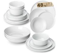 MALACASA Services de Vaisselle pour 12 Personnes, 48 Pièces en Porcelaine Blanc incluant 12 Assiettes Plates, 12 Assiettes à Dessert, 12 Bols à Céréales et 12 Assiettes Creuses - Série LEXI