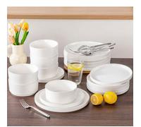 MALACASA Vaiselle LEAH, 36 Pièces Assiettes Service Complet, Bordure semi-debout à Pattes Hautes 12 Personnes - Blanc