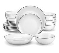 MALACASA Vaisselle AMELIA-BT, Service Complet de Table 24 pièces, Rond en Porcelaine avec bord Noir pour 6 personnes - Blanc