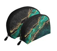 Malachite Verte en marbre Sarcelle Noir avec veines dorées et Taches dorées, Trousse de Maquillage Coquille Femme Petit Porte-Monnaie Trousse de Toilette Trousse à cosmétiques 2 pièces