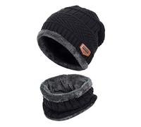 Malaxlx Enfants Bonnet Écharpe Tricoté 2Pcs Ensemble Hiver Chaud Épais Bonnet Tour de Cou avec Doublure Polaire pour Garçons Filles (Noir)