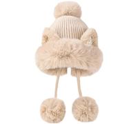 Malaxlx Femme Hiver Beige Bonnet Péruvien Oreille de Chat avec Pompon Fourrure Chaud Chapeau Tricoté Chapeau Ski Duveteux Chapeau Oreillette