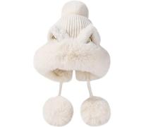 Malaxlx Femme Hiver Blanc Bonnet Péruvien Oreille de Chat avec Pompon Fourrure Chaud Chapeau Tricoté Chapeau Ski Duveteux Chapeau Oreillette