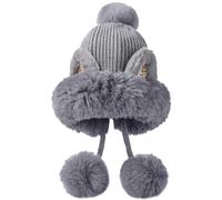 Malaxlx Femme Hiver Gris Bonnet Péruvien Oreille de Chat avec Pompon Fourrure Chaud Chapeau Tricoté Chapeau Ski Duveteux Chapeau Oreillette