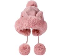 Malaxlx Femme Hiver Rose Bonnet Péruvien Oreille de Chat avec Pompon Fourrure Chaud Chapeau Tricoté Chapeau Ski Duveteux Chapeau Oreillette