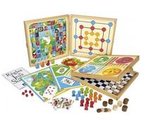 Malette Coffret Bois Jeux de Societe Classiques 80 regles (16 Chevaux, 4 oies, 40 Dames, jetons, 5 des) - Plateau - Set Jeu Enfant et 1 Carte
