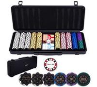 Engelhart - 320961 - Set Poker Complet - Mallette de Poker en Metal Noire - 500 jetons 14g numérotés (1 à 1000) + 2 Jeux de Cartes, 1 Bouton de Croupier, 5 dés - Coffret de jeu de Poker et Accessoires