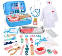 Malette Docteur Enfant, Jouet en Bois pour Enfant avec Stéthoscope, Seringue, Blouse de Médecin, Jouet Dentiste Enfant, Kit Docteur Enfant, Cadeau pour Enfants dès 3 Ans Fille Garçon