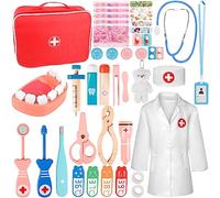 Malette Docteur Enfant Jouet, Jeu de Docteur, Jouet de Docteur en Bois pour Enfants avec Stéthoscope, Seringue, Manteau de Docteur et Autres Accessoires, Cadeau de Jouets de Simulation pour 3-10 Ans