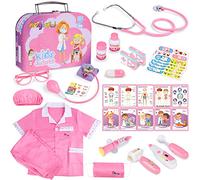 Malette Docteur Enfant,Magic4U Malette Docteur Enfant Rose Jouet Medecin Outils avec Véritable Stéthoscope Blouse de Médecin Thermomètre et Sac de Médecin Jeu D'imitation Cadeau Fille 3 4 5 Ans