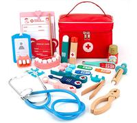 Malette Docteur Enfant Médecin Jouet en Bois Jeu de Rôle avec Stéthoscope, Thermomètre, Dentiste, Seringue, Jouet d'Imitation Déguisement Outils Cadeau pour Enfant Fille Garçon 3 4 5 6 Ans