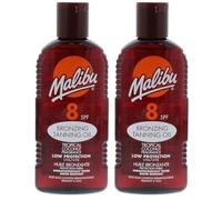 Malibu Tanning Oil SPF 8 Lot de 2 flacons d'huile bronzante imperméable pour bain de soleil et plage 2 x 200 ml