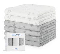Maliton Lot de 6 Mousseline de Coton Biologique, 70x70cm Carrés de Mousseline, Conception à 3 Couches Multi-usages: Bavoir, Ultra Doux, Cadeau Naissance Fille et Garçon(Blanc-Gris)