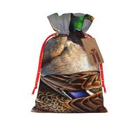 Mallard Duck Sacs de Noël avec cordon de serrage et ruban de Noël rouge - Pochettes cadeaux réutilisables en toile de jute avec cordon de serrage, S