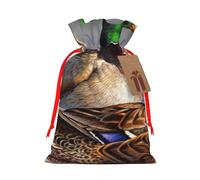 Mallard Duck Sacs de Noël avec cordon de serrage et ruban rouge - Pochettes cadeaux réutilisables en toile de jute avec cordon de serrage, M