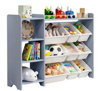 MallBest Étagère de rangement à 4 niveaux pour jouets pour enfants - 100 % bois massif, armoire de rangement pour enfants avec 9 bacs en plastique et 3 ports de rangement (gris, couleur unique)