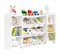 MallBest Étagère de rangement à 4 niveaux pour jouets pour enfants - 100 % bois massif, armoire de rangement pour enfants avec 9 bacs en plastique et 6 ports de rangement (blanc)