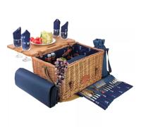 Les Jardins de la Comtesse - Panier Pique-Nique Saint-Honoré Bleu - Sangles en Cuir - 4 Personnes - Avec Table en Bambou Rabattable - Assiettes en Porcelaine et Verres à Vin en Verre - 45 x 28 x 28 cm